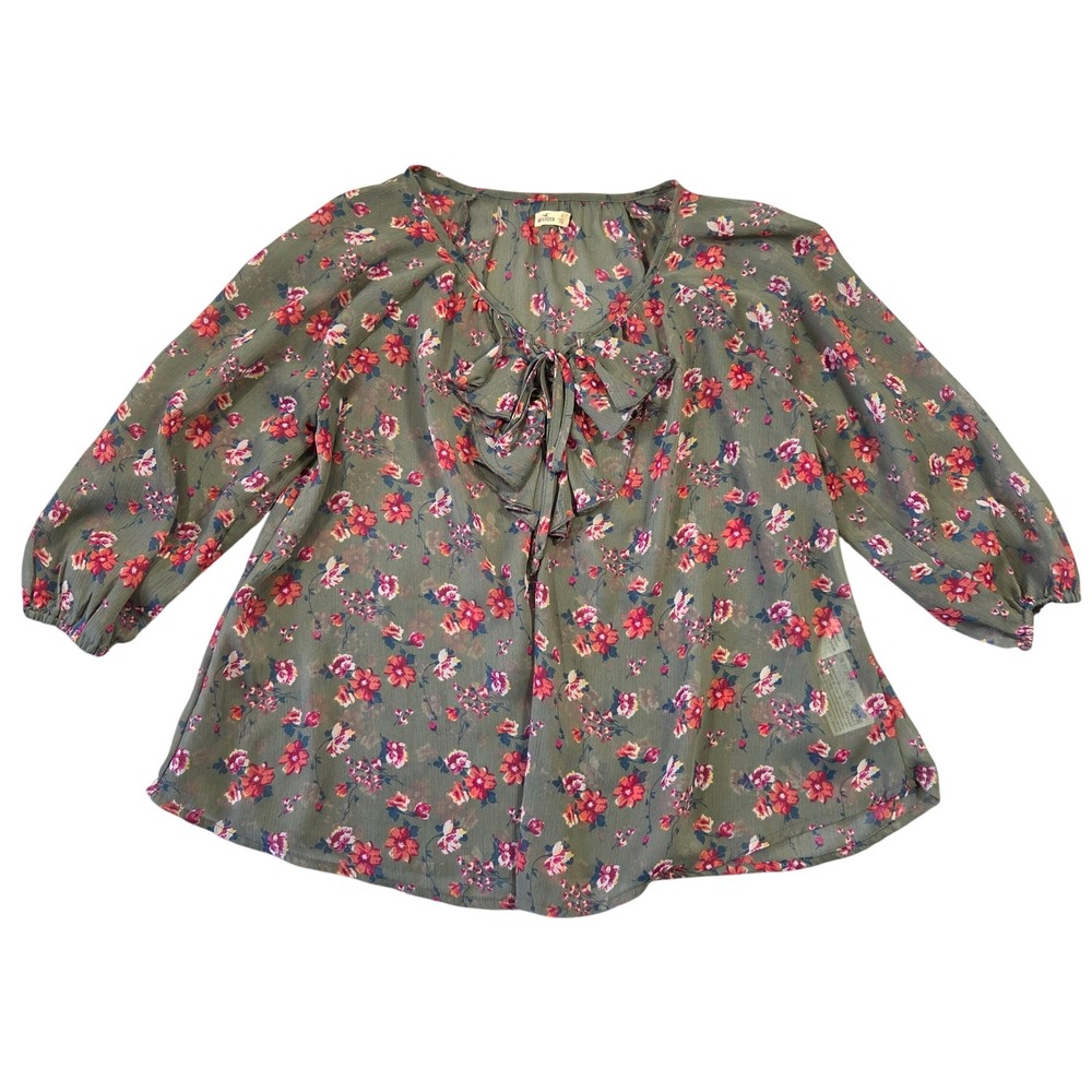 Hollister Womens S Olive Green Floral Sheer Ruffle Tie Neck Blouse 3/4 Sleeve